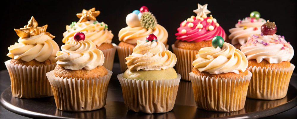 A platter of eight decorated cupcakes, featuring a variety of colorful frostings and sprinkles.